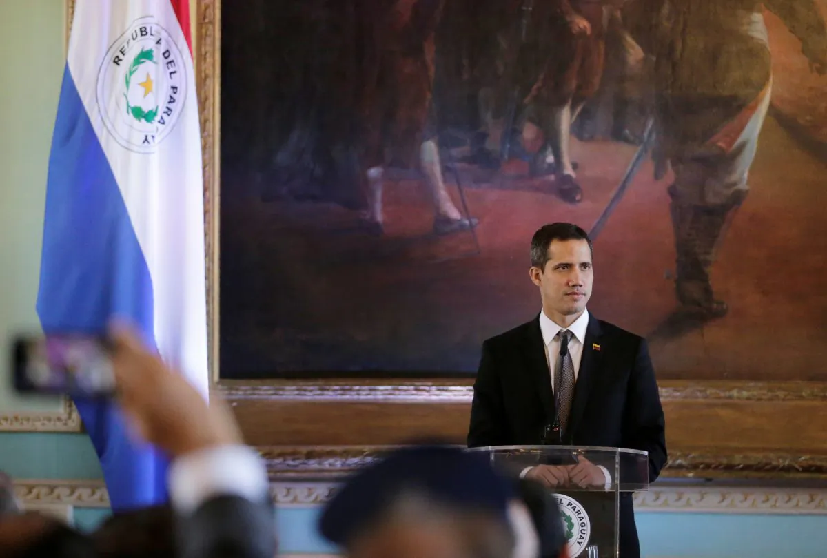 Venezuela's opposition leader Juan Guaido, who many nations have recognised as the country's rightful interim ruler looks on while attending a joint press conference with Paraguay's President Mario Abdo Benitez at the Lopez Palace in Asuncion, Paraguay, March 1, 2019.  (Jorge Adorno/Reuters)