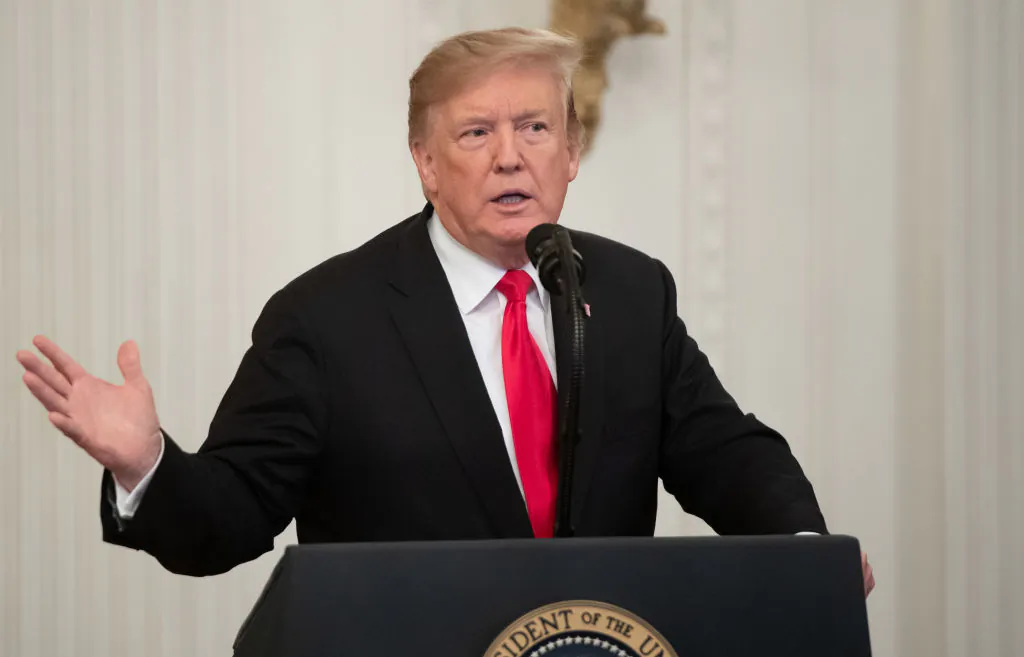 President Donald Trump speaks prior to awarding a posthumous Medal of Honor for US Army Staff Sergeant Travis Atkins during a ceremony in the East Room of the White House in Washington, on March 27, 2019. (Saul Loeb/AFP/Getty Images)