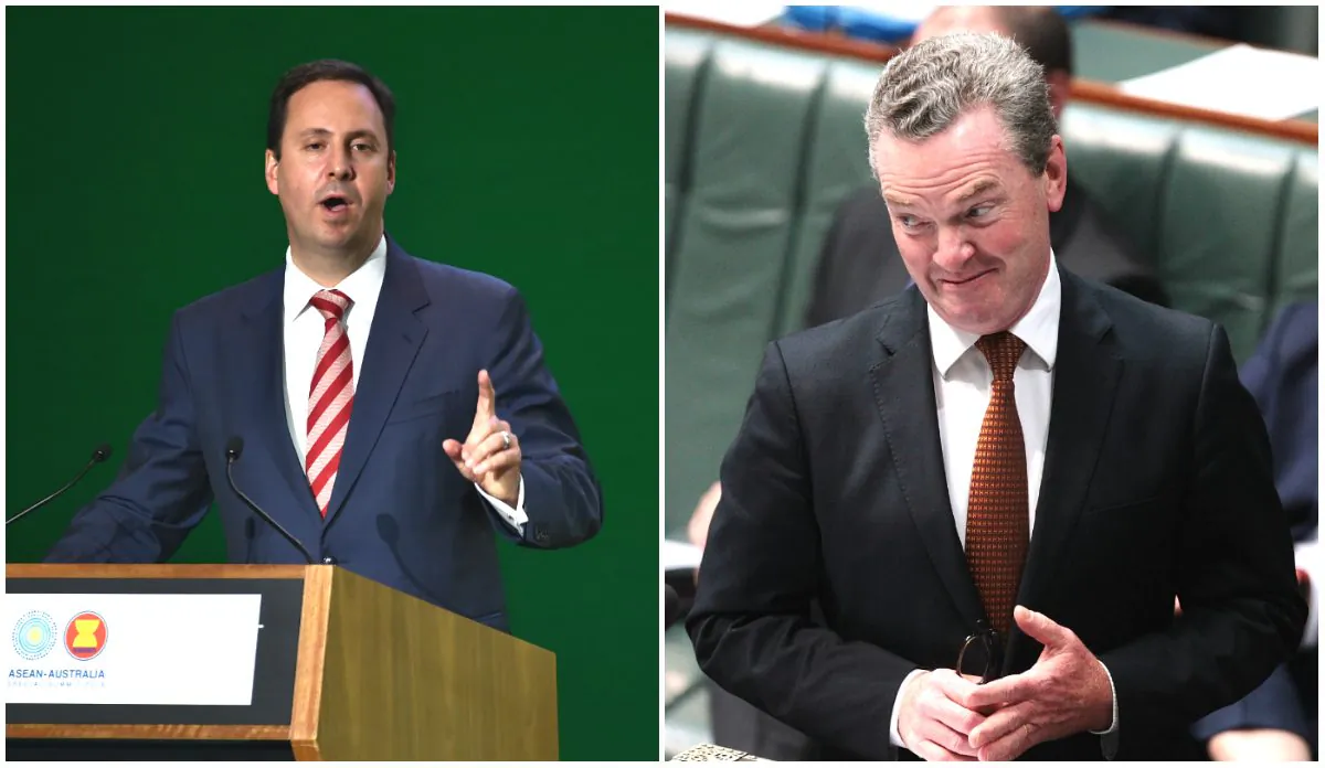 (L) Steve Ciobo speaks at a business conference in Sydney on March 16, 2018. (Peter Parks/AFP/Getty Images)
(R) Minister for Defence Industry Christopher Pyne in Canberra, Australia on Oct. 25, 2017.
Australia's Trade Minister