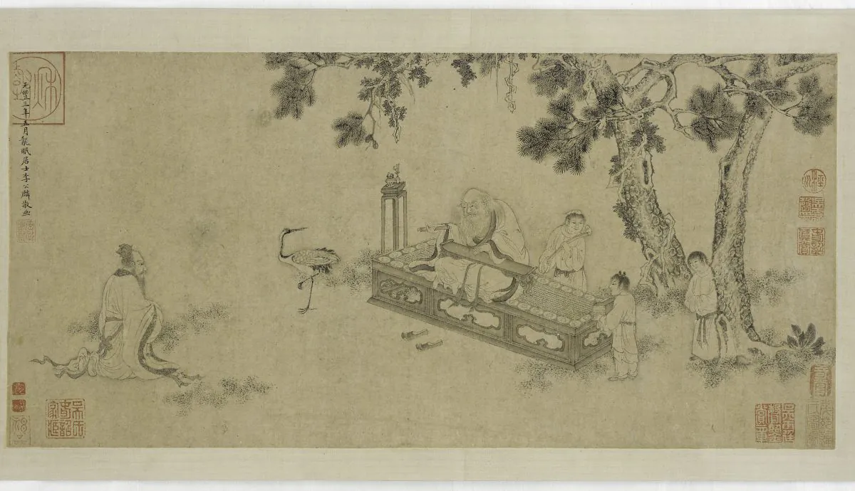 A Ming Dynasty handscroll, traditionally attributed to Li Gonglin, depicting the scene of ancient philosopher Laozi delivering the Tao De Jing, the primary text of Taoist thought that he authored. Freer Gallery of Art. (Public Domain)