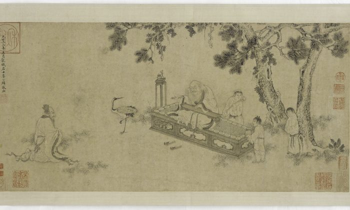 A Ming Dynasty handscroll, traditionally attributed to Li Gonglin, depicting the scene of ancient philosopher Laozi delivering the Tao De Jing, the primary text of Taoist thought that he authored. Freer Gallery of Art. (Public Domain)