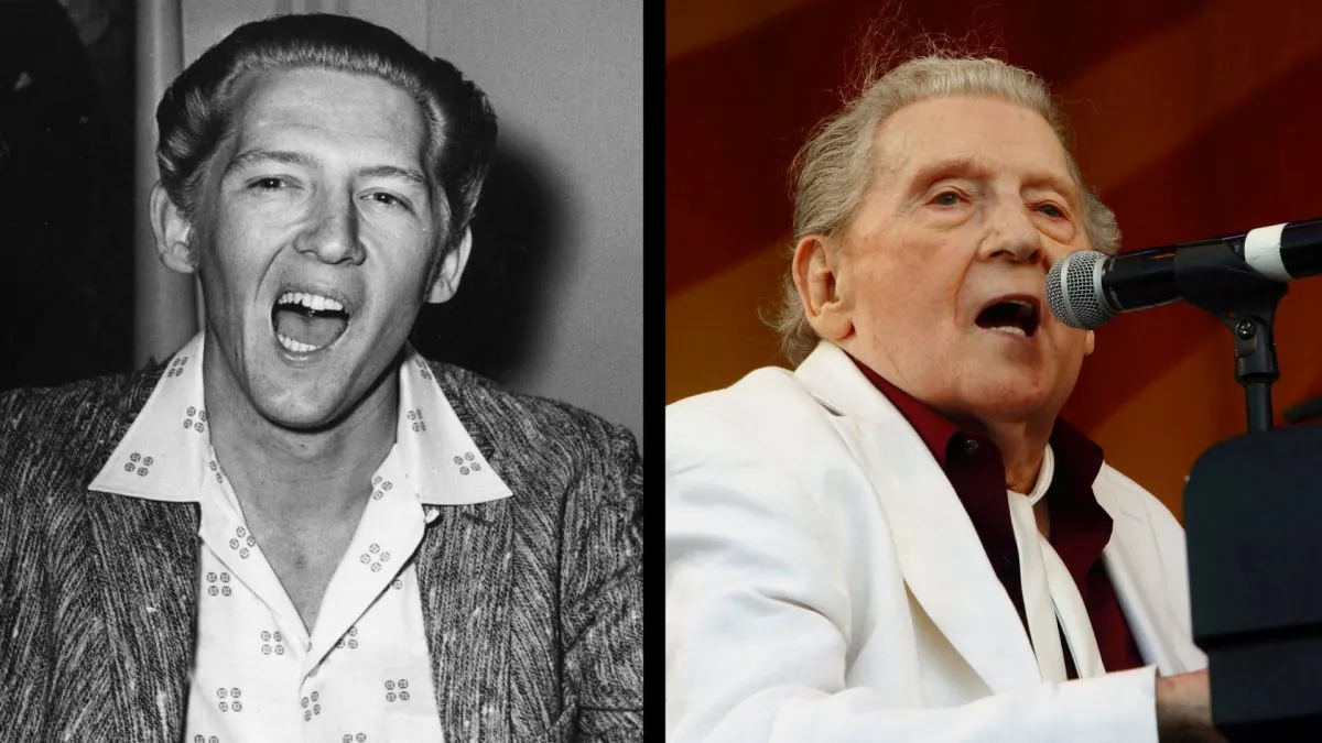 Left: The 'Killer', rock 'n' roll legend, singer and pianist Jerry Lee Lewis in London, on June 10, 1958. Right: Lewis performs at the New Orleans Jazz & Heritage Festival in New Orleans, on May 2, 2015. (Evening Standard/Getty Images—John Davisson/Invision/AP