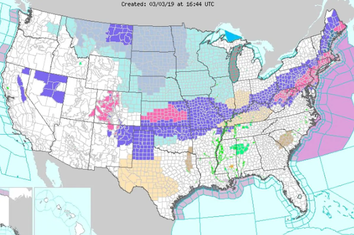 Across the Midwest and Plains, wind chill warnings, watches, and advisories were issued by the NWS, on March 3, 2019. (National Weather Service)