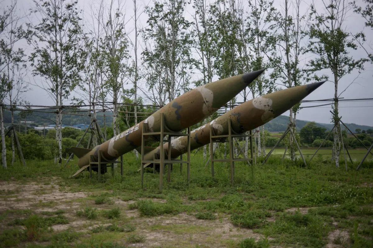 In a photo taken on May 29, 2018 rockets are displayed at a memorial ground of the Baengmagoji, or White Horse, battlefield in Cheorwon near the Demilitarized Zone (DMZ) separating North and South Korea. (ED JONES/AFP/Getty Images)