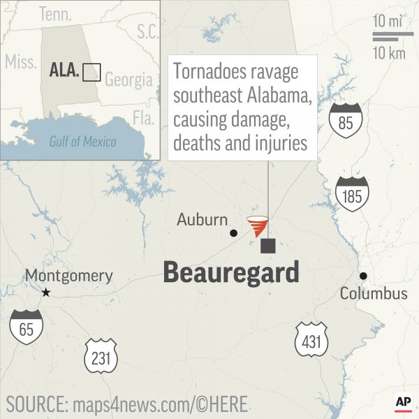 Map locates Beauregard, Alabama, where tornadoes killed people and caused injuries and damage;