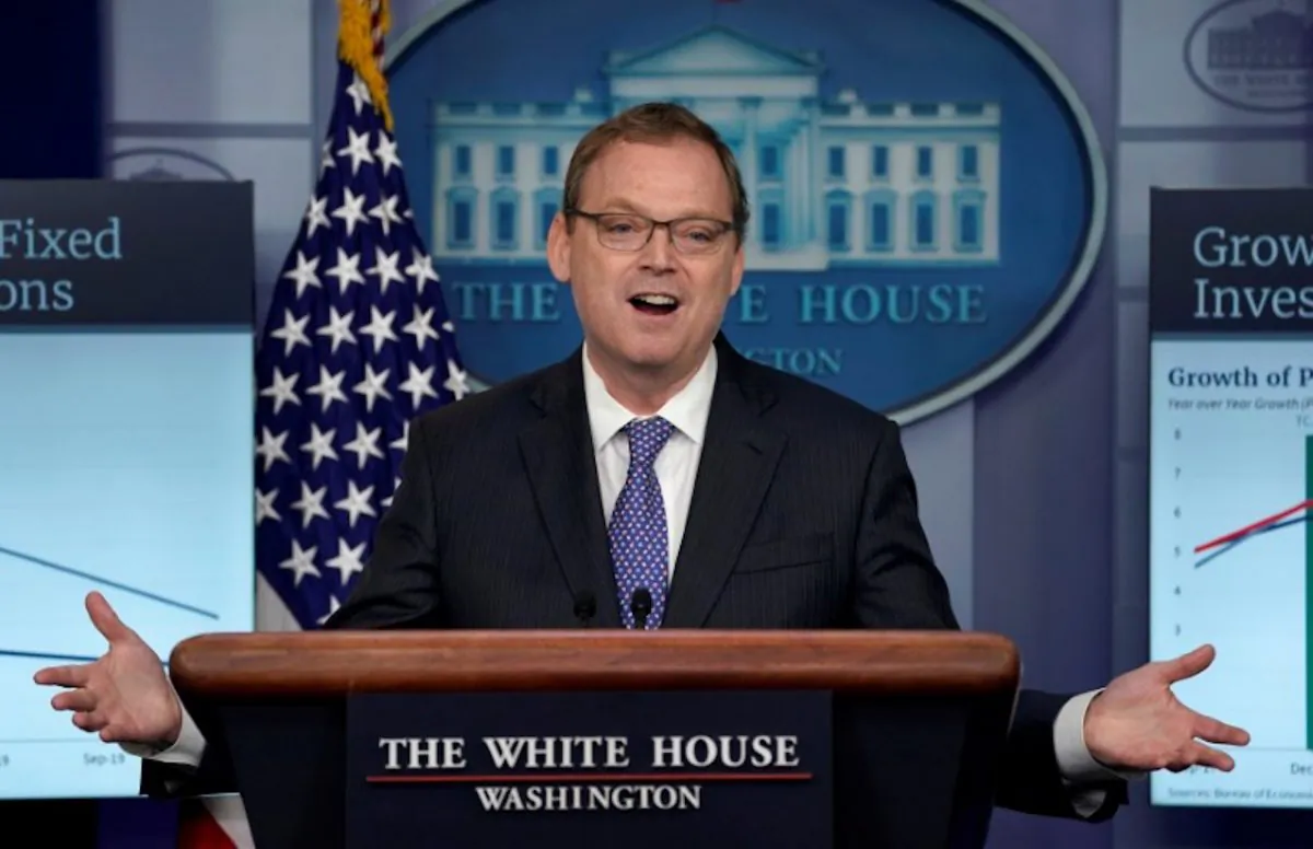 Trump economic adviser Kevin Hassett gestures as he speaks during a news briefing at the White House in Washington, DC on Sept. 10, 2018. (Kevin Lamarque/Reuters)