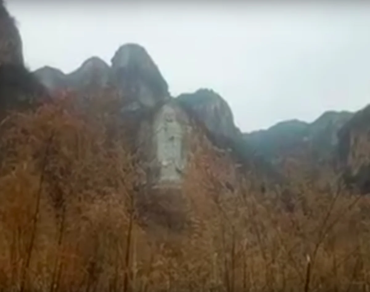 The tallest standing Guanyin statue carved in a cliff in Hebei Province, China. The Chinese regime destroyed the statue on Feb. 2, 2019. (Screenshot via Bitter Winter Youtube video)