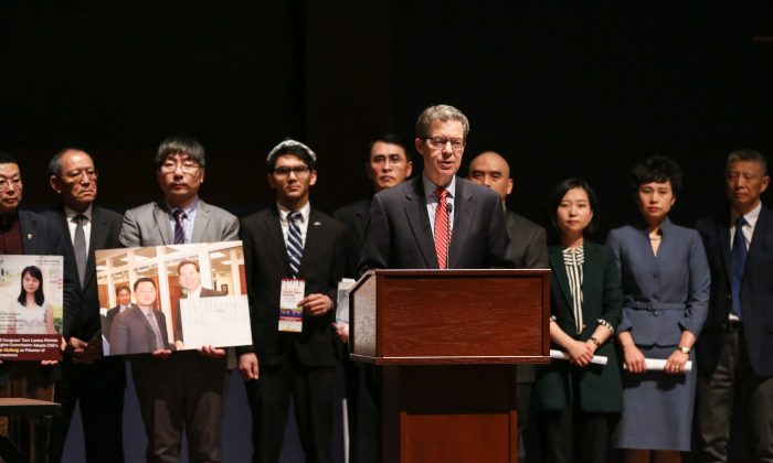 Sam Brownback, U.S. Ambassador at Large for International Religious Freedom, speaks at the press conference to announce the Formation of The Coalition to Advance Religious Freedom in China (CARFC)  at The Congressional Auditorium in the Capitol Visitor Center, Washington, on Mar. 4, 2019. (Jennifer Zeng/The Epoch Times)