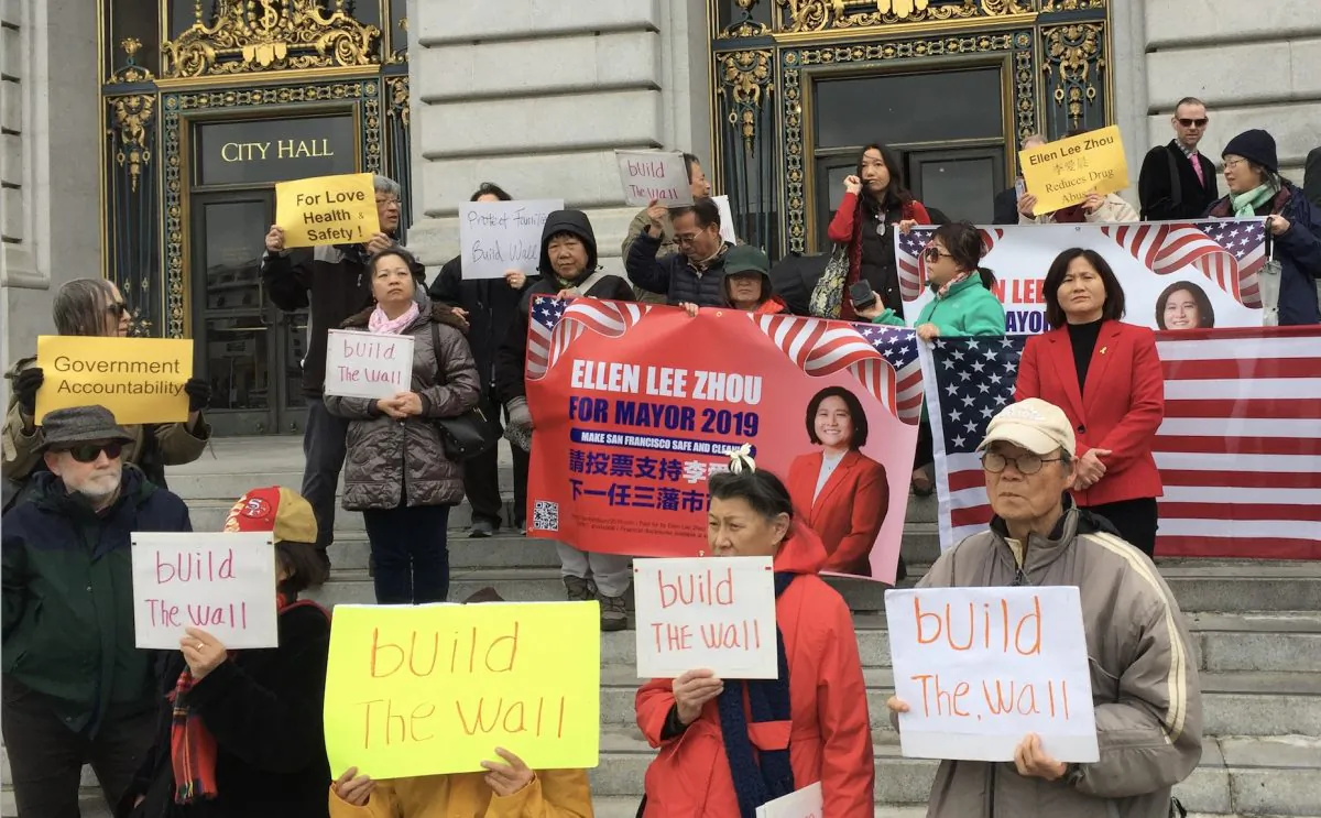 Ellen Zhou and supporters on the steps in front of San Francisco City Hall on February 25, 2019. (Cynthia Cai/Epoch Times)