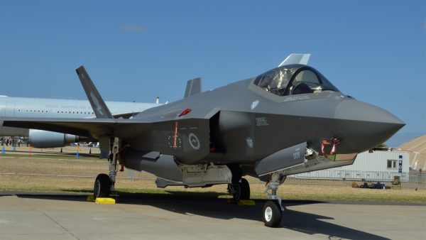 A RAAF F-35A Joint Strike Fighter sits on the tarmac at Avalon Airport for the Australian International Airshow 2019 on Feb. 26, 2019. (Bowen Zhang/Epoch Times)