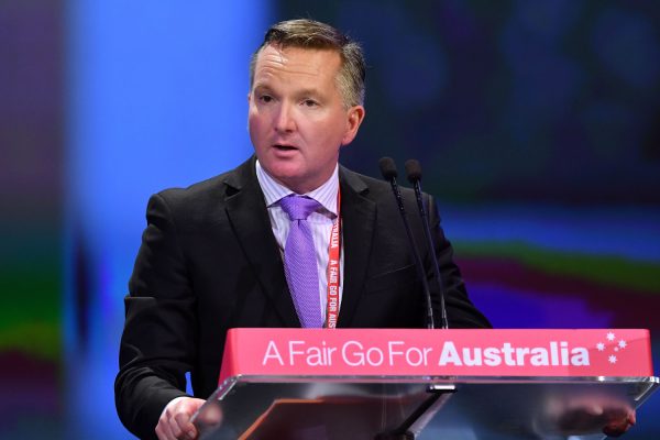 Shadow Treasurer Chris Bowen speaks to media during the 2018 ALP National Conference in Adelaide, Australia, on Dec. 16, 2018.