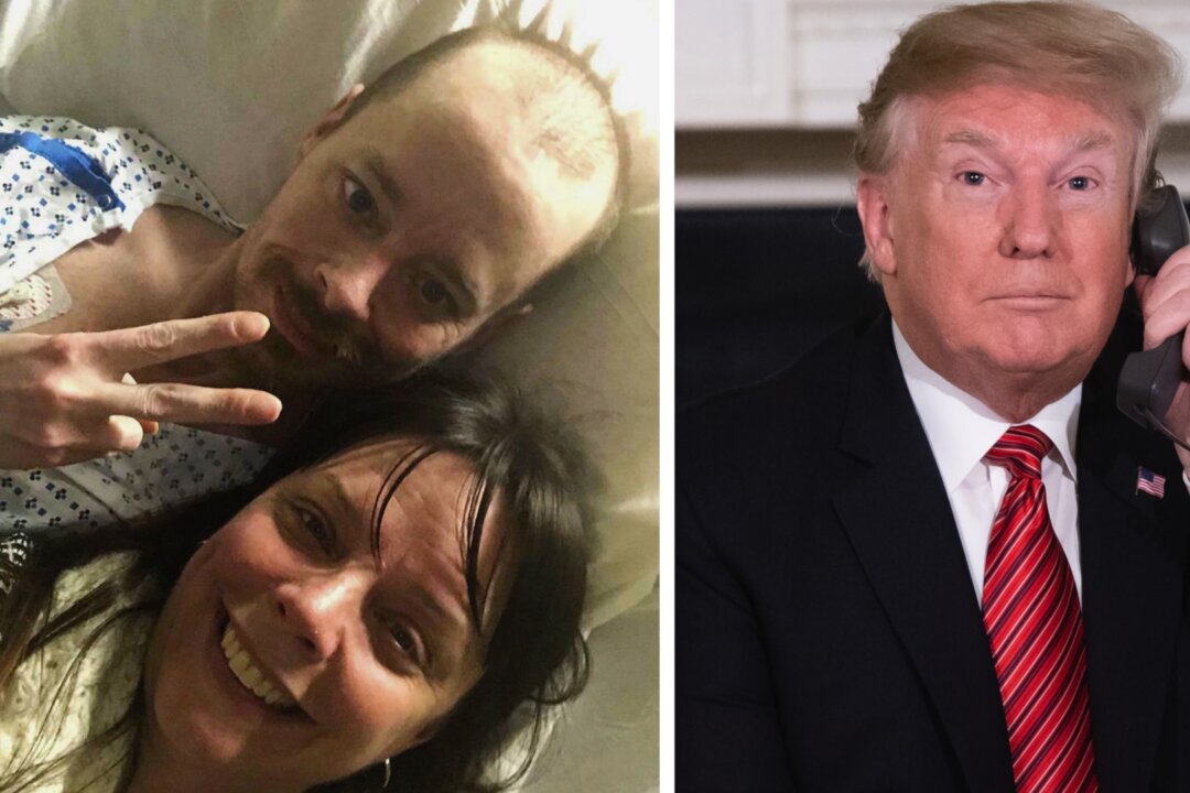 Selfie provided by Bridgette Hoskie, her brother Jay Barrett and herself pose for the photo inside an ICU at Yale New Haven Hospital in New Haven, Conn., on  Feb. 26, 2019. Barrett, a terminally ill Connecticut man who's a big supporter of President Donald Trump, is getting a bucket list wish fulfilled, with help from his Democratic sister. (Bridgette Hoskie via AP—Saul Loeb/AFP/Getty Images)