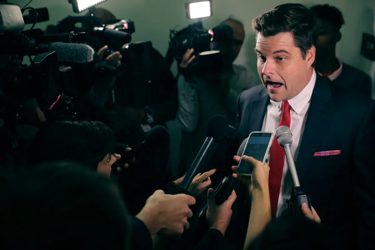 House Judiciary Committee member Rep. Matt Gaetz (R-FL) talks with reporters before heading into a closed-door hearing in the Rayburn House Office Building on Capitol Hill October 19, 2018 in Washington, DC. (Chip Somodevilla/Getty Images)