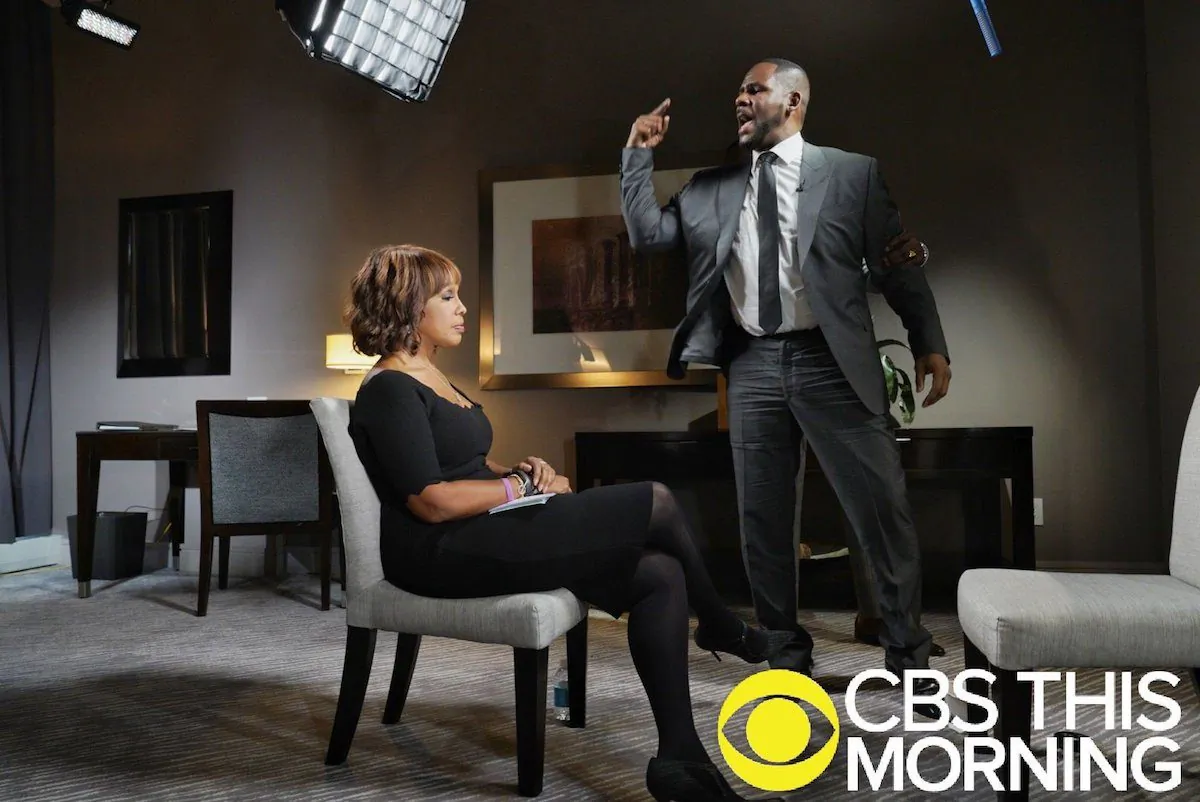 R&B singer R. Kelly gestures while making a point during an interview with Gayle King on "CBS This Morning" broadcast. On March 5, 2019. (Lazarus Jean-Baptiste/CBS via AP)
