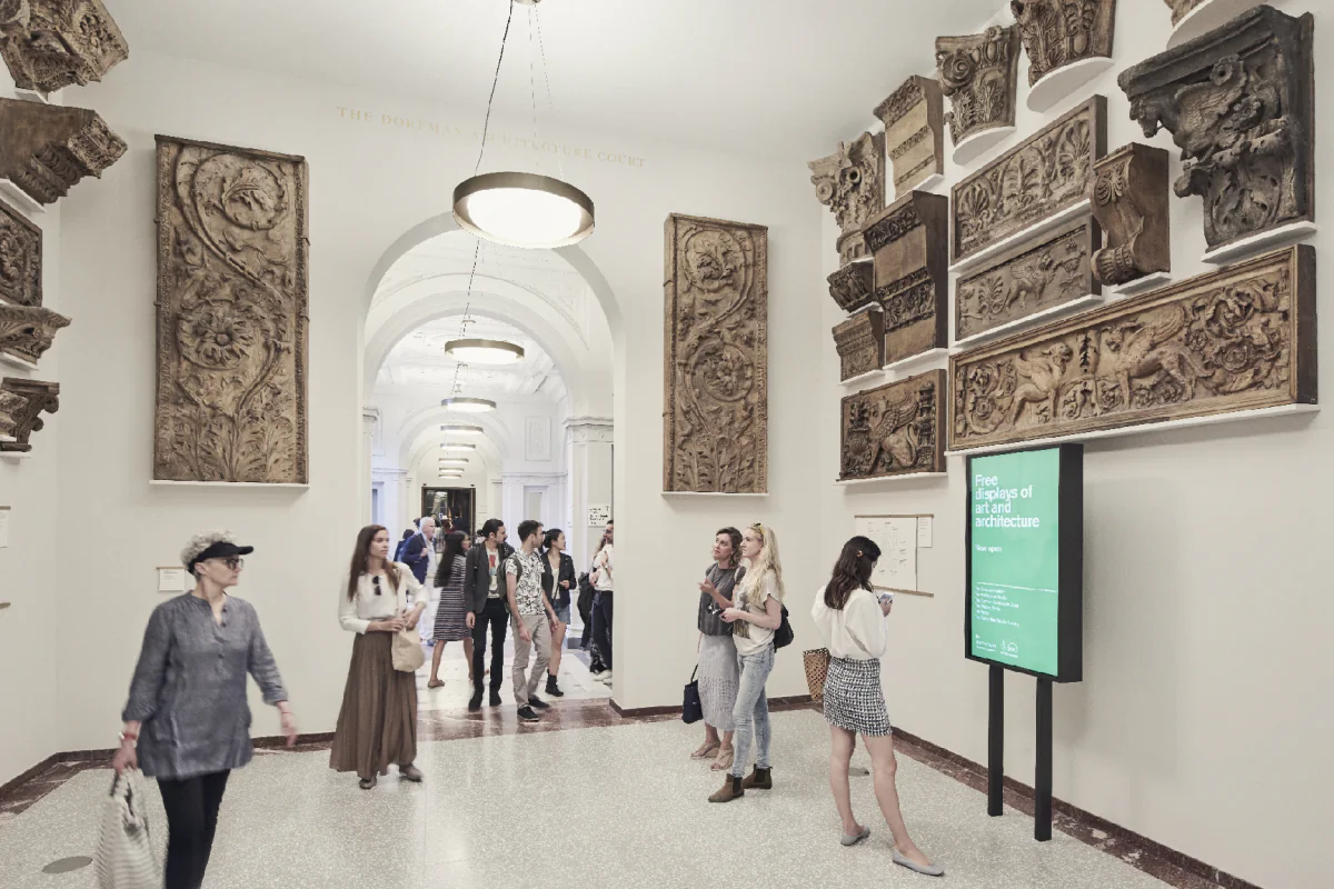 Visitors explore the Dorfman Architecture Court at the Royal Academy in London, where the architectural plaster casts are hung as they would’ve been in the 19th century. (Royal Academy of Arts, London)