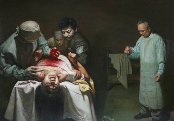 "Organ Crimes," an oil painting by Xiqiang Dong depicting the seizure of organs from a living Falun Dafa practitioner in China. (Courtesy of Xiqiang Dong)