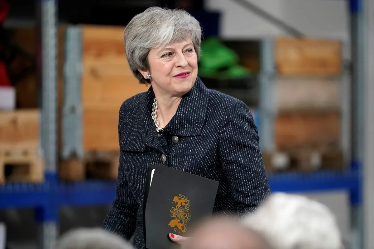 British Prime Minister Theresa May delivers a speech during her visit in Grimsby, United Kingdom, on March 8, 2019. (Christopher Furlong/Pool via Reuters)