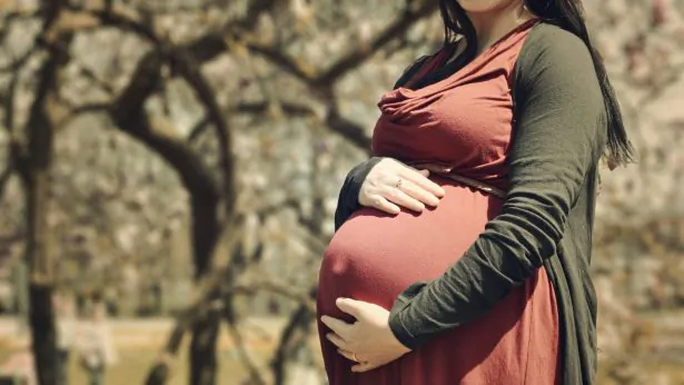 Stock photo of a pregnant woman holding her stomach. (Arteida Mjeshtri/Unsplash)