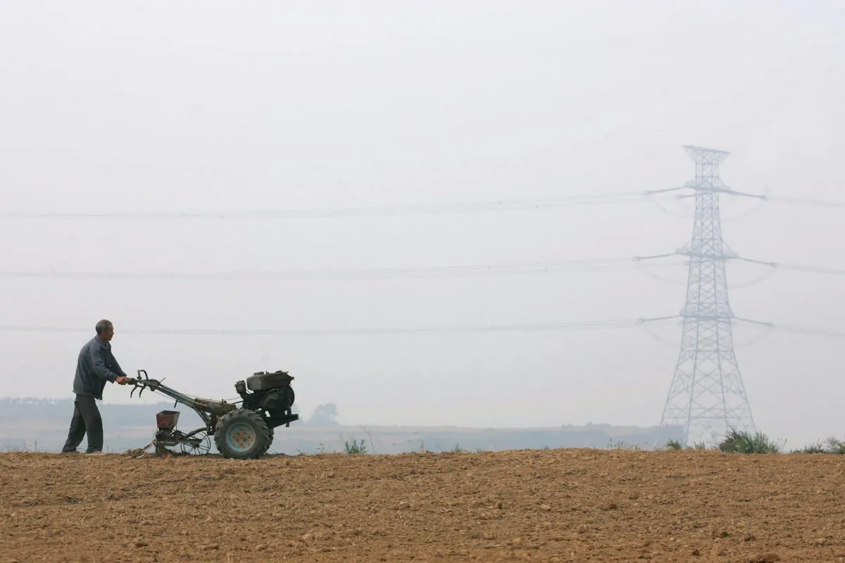A farmer seeds winter wheats with a walking tractor in a field Oct. 5, 2006 in the outskirts of Yanshi of Henan Province, China. (China Photos/Getty Images)