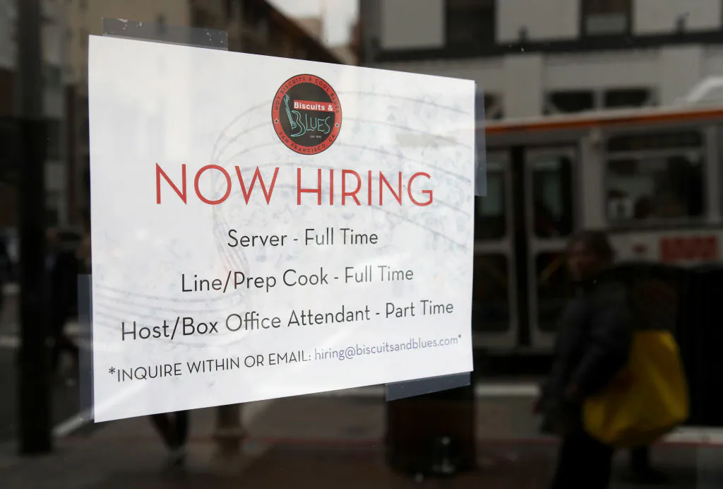 A now-hiring sign is posted at a restaurant in San Francisco, California, on Feb. 12, 2019.  (Justin Sullivan/Getty Images)