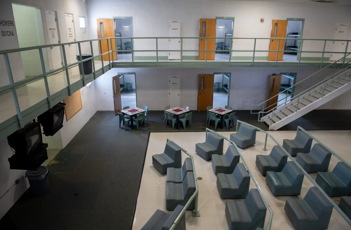A common area and cell room doors are seen inside the Caroline Detention Facility in Bowling Green, Va., on Aug. 13, 2018. - A former regional jail, the facility has been contracted by the U.S. Department of Homeland Security Immigration and Customs Enforcement (ICE) to house illegal aliens for violations of immigration laws. (Saul Loeb/AFP/Getty Images)