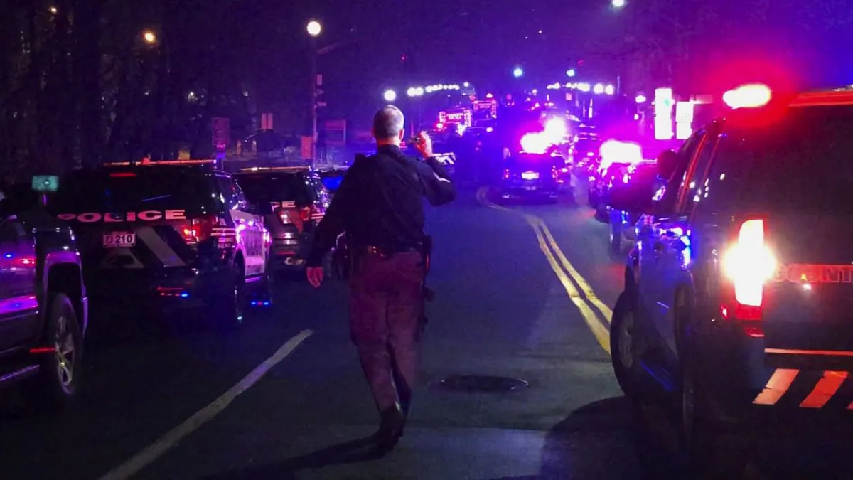 One of the first responders walk near New York-Presbyterian/Lawrence Hospital in Bronxville, N.Y. on March 10, 2019. (Luke Sheridan/AP Photo)