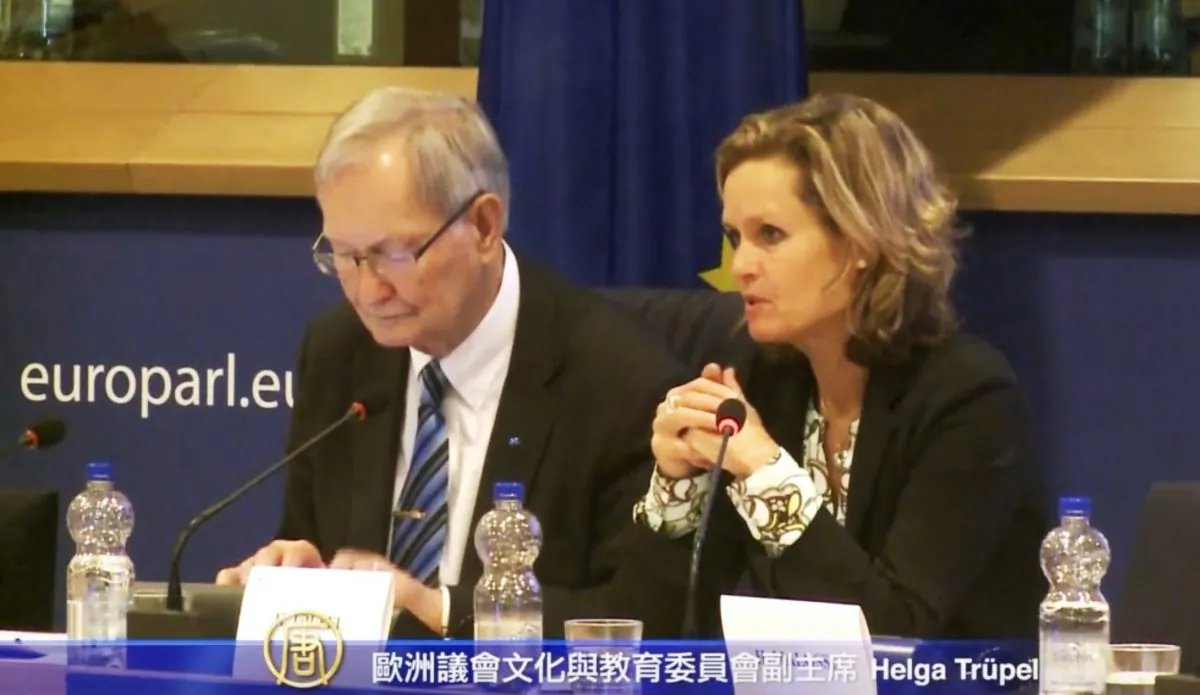 Helga Trüpel (right), MEP from Germany, speaks at European Parliament conference on March 7. Tunne Kelam, MEP from Estonia, is beside her. (Screenshot/NTD Television)