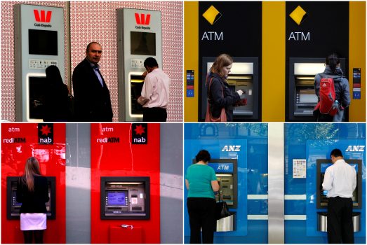A combination of photographs shows people using automated teller machines