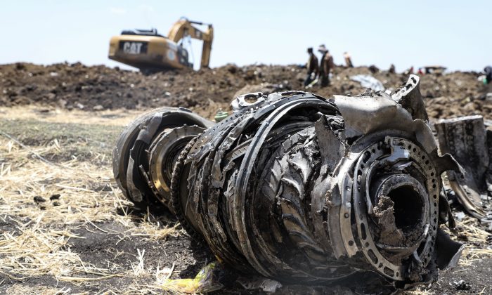 A photo shows debris of the crashed airplane of Ethiopia Airlines, near Bishoftu, a town some 60 kilometres southeast of Addis Ababa, Ethiopia, on March 11, 2019. (Michael Tewelde/AFP/Getty Images)