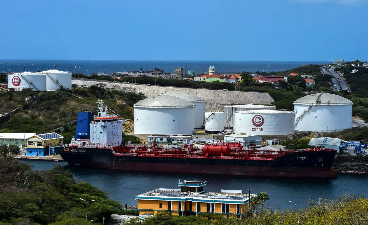 An oil tanker remains docked in front of Isla oil refinery, which is leased by Venezuelan state oil company PDVSA in Willemstad, Curacao, Netherlands Antilles, on Feb. 22, 2019. (LUIS ACOSTA/AFP/Getty Images)