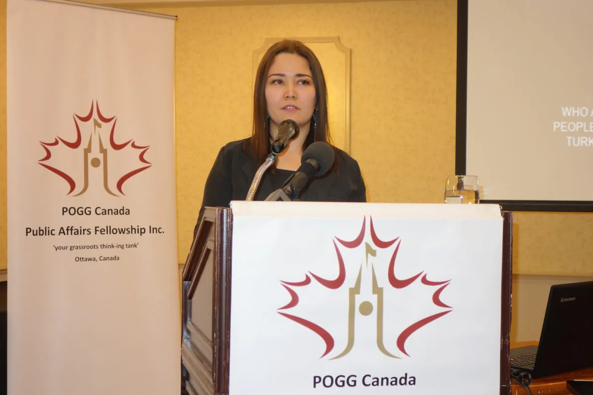 Canadian Uighur Activist Rukiye Turdush speaks at a Peace, Order, and Good Governance Canada event in Ottawa on March 9, 2019. (The Epoch Times)