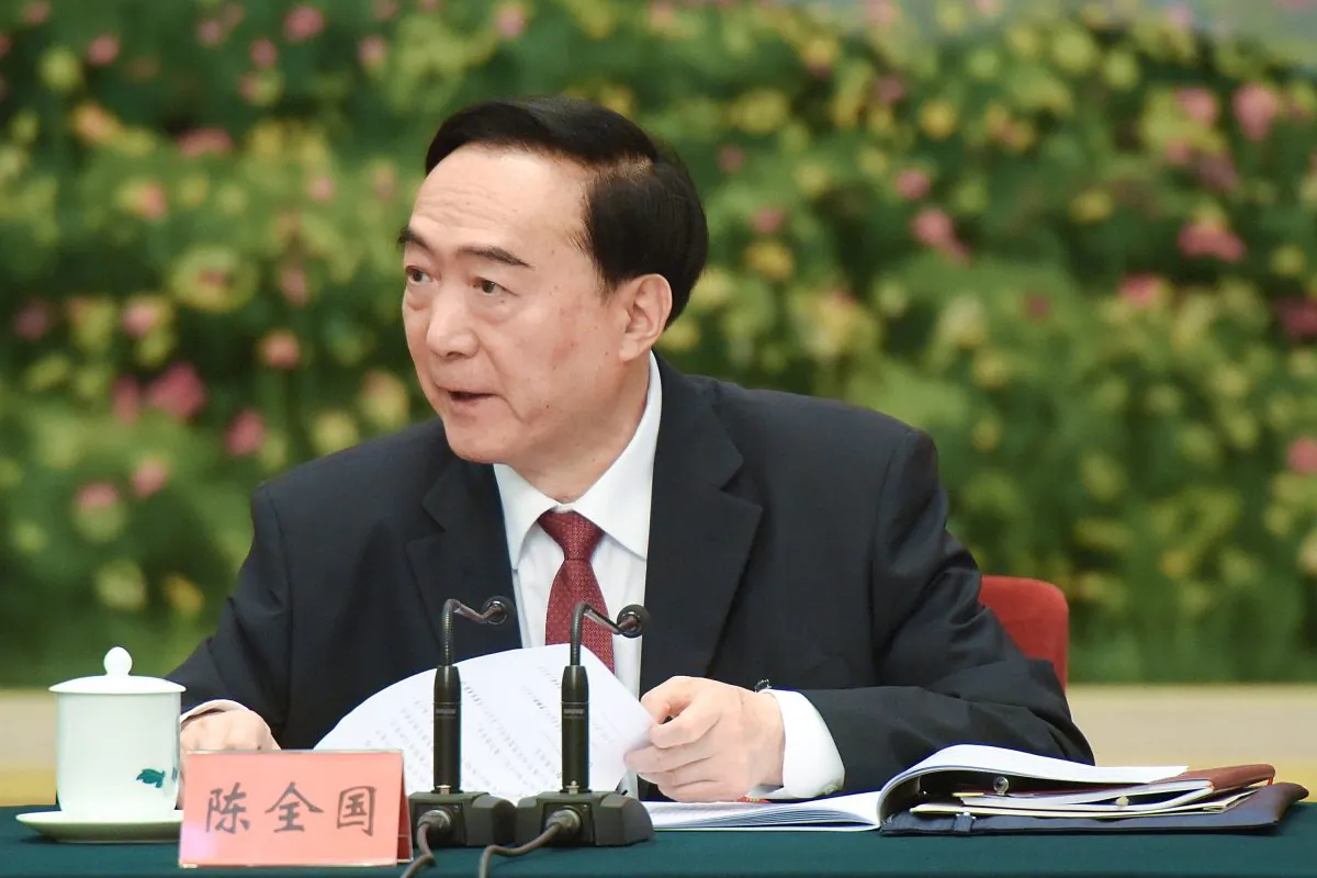 Chen Quanguo, CCP secretary of Xinjiang, attends a meeting of the 19th Communist Party Congress at the Great Hall of the People on October 19, 2017 in Beijing, China. Chen developed the so-called “vocational education centres” that detains million of Uighurs and other Muslim minorities. (Etienne Oliveau/Getty Images)