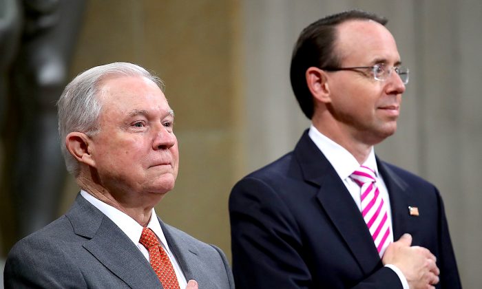 Attorney General Jeff Sessions (L) and Deputy Attorney General Rod Rosenstein (R) attend the Religious Liberty Summit at the Department of Justice July 30, 2018 in Washington, DC. (Win McNamee/Getty Images)
