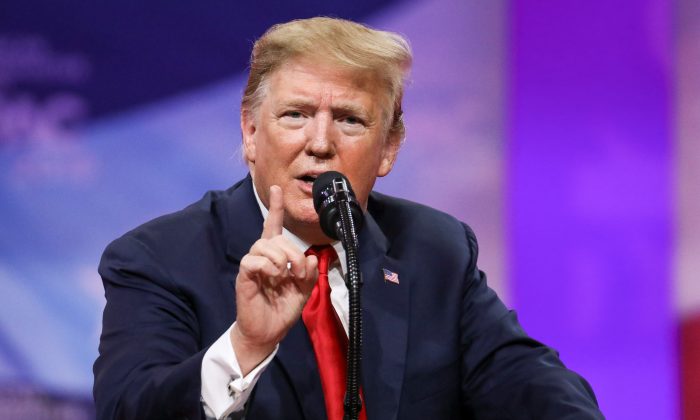 President Donald Trump speaks at the CPAC convention in National Harbor, Md., on March 2, 2019. (Samira Bouaou/The Epoch Times)