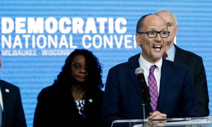 Chair of the Democratic National Committee Tom Perez speaks during a press conference at the Fiserv Forum in Milwaukee, Wisconsin, on Mar. 11, 2019. (Kamil Krzaczynski/AFP/Getty Images)