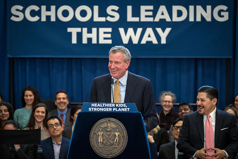 Mayor Bill de Blasio announces the expansion of the "Meatless Monday" program across all NYC public schools that will begin in the fall. (City of New York)