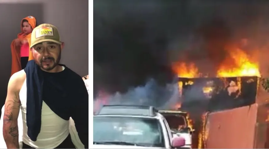 Jose Guzman (L), the man who saved his pit bull from a burning house, thanks GoFundMe donors in the wake of the incident. Guzman's house (R) on fire in San Diego, Calif., on  March 9, 2019. (Roxana Martinez/YouTube/GoFundMe)