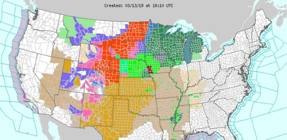 A late-winter storm system is forecast to affect much of the central United States starting on Wednesday, March 13, with some describing it as a “bomb cyclone.” (NWS)