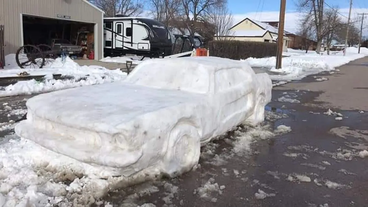 Nebraska State Patrol intercepted this Ford Mustang made entirely from snow in Chadron, Neb., on March 9, 2019. (Courtesy of Nebraska State Patrol)