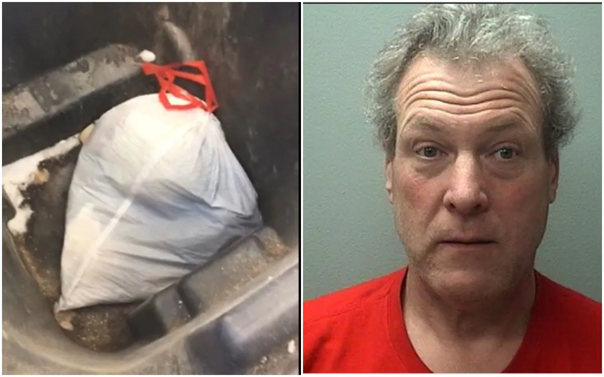 Robert Wild and the bag of puppies found by police, on Feb. 28, 2019. (Marshfield Police Department)