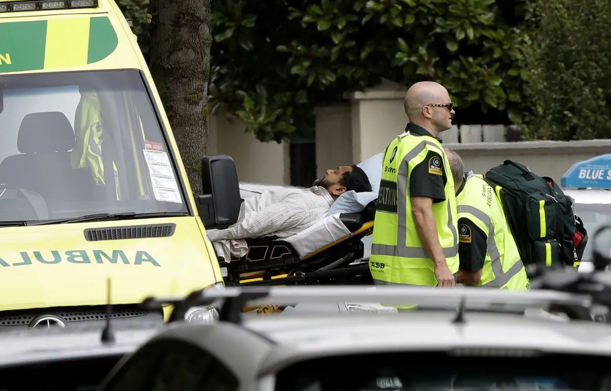 Ambulance staff take a man from outside a mosque in central Christchurch, New Zealand, on March 15, 2019. (Mark Baker/AP Photo)