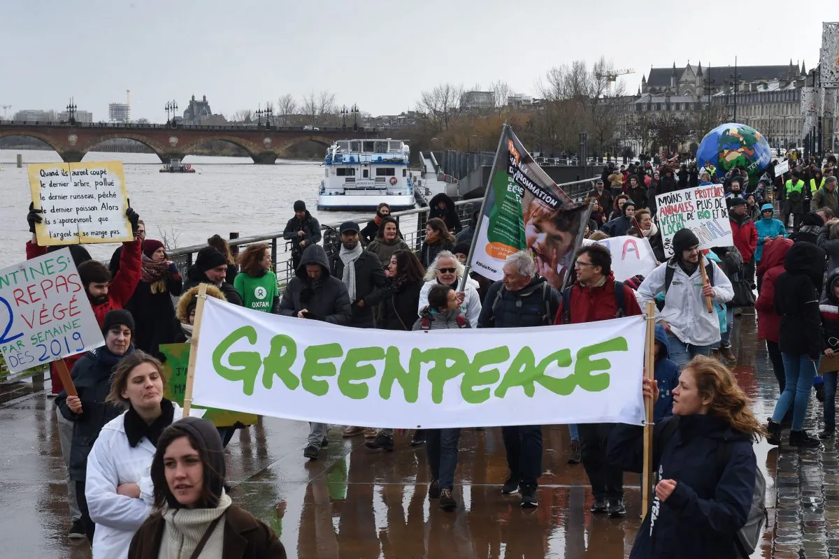 People hold a banner reading "Greenpeace" as they take part in a march for the climate, in Bordeaux, on January 27, 2019. MEHDI FEDOUACH/AFP/Getty Images