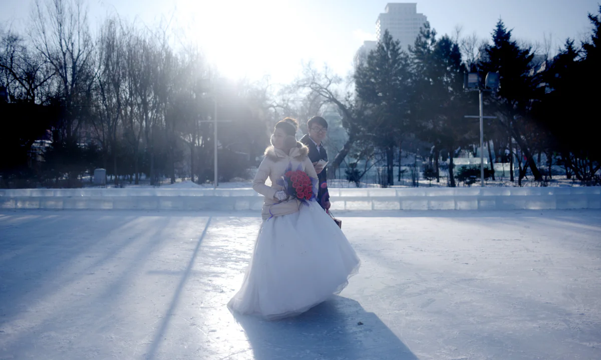 A wedding ceremony as part of the Harbin International Ice and Snow Festival in China's Heilongjiang province, on January 6, 2016. (Wang Zhao/AFP/Getty Images)  