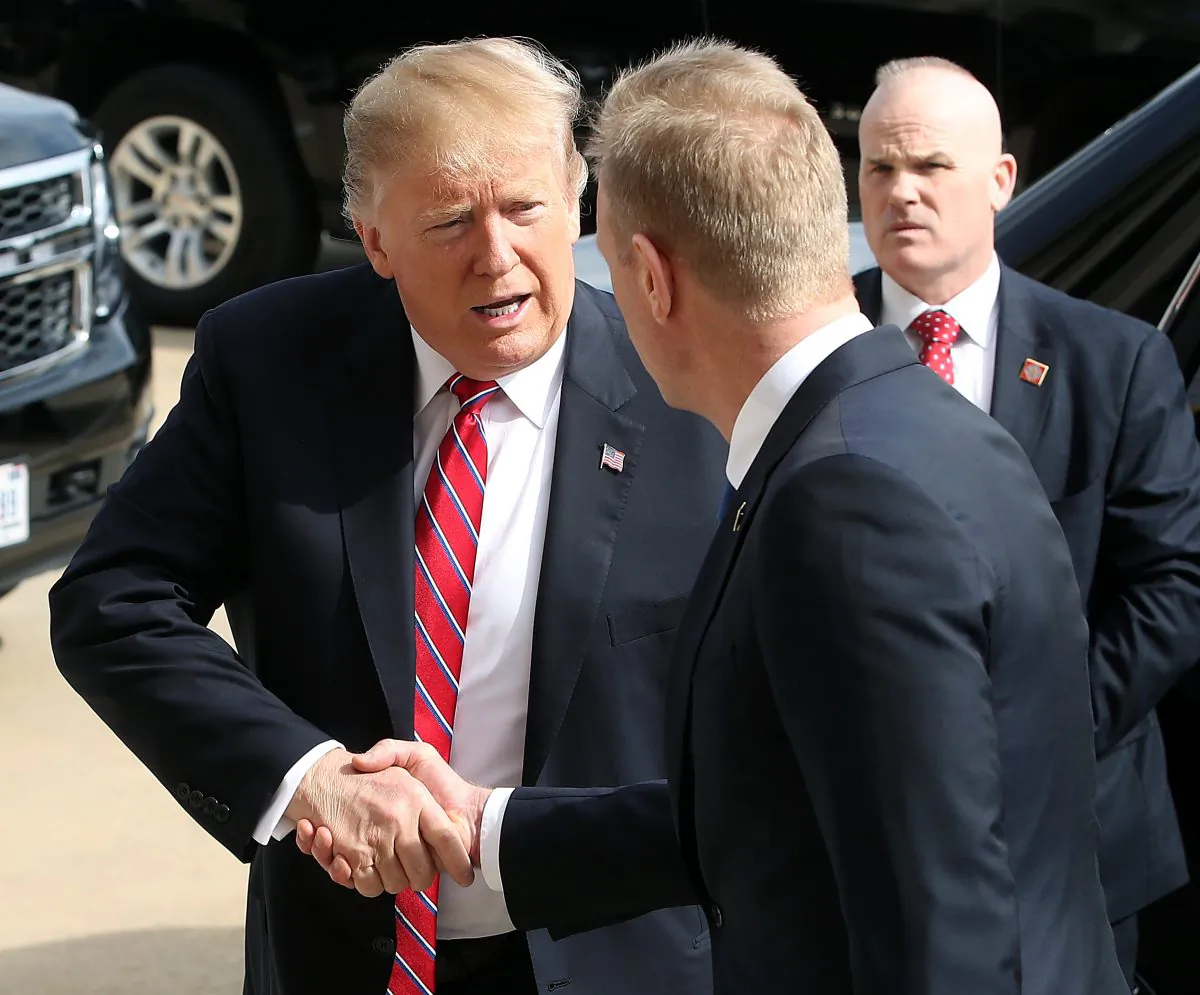President Donald Trump is welcomed by acting Secretary of Defense Patrick Shanahan during his arrival at the Pentagon on March 15, 2019 in Arlington, Va. (Mark Wilson/Getty Images)