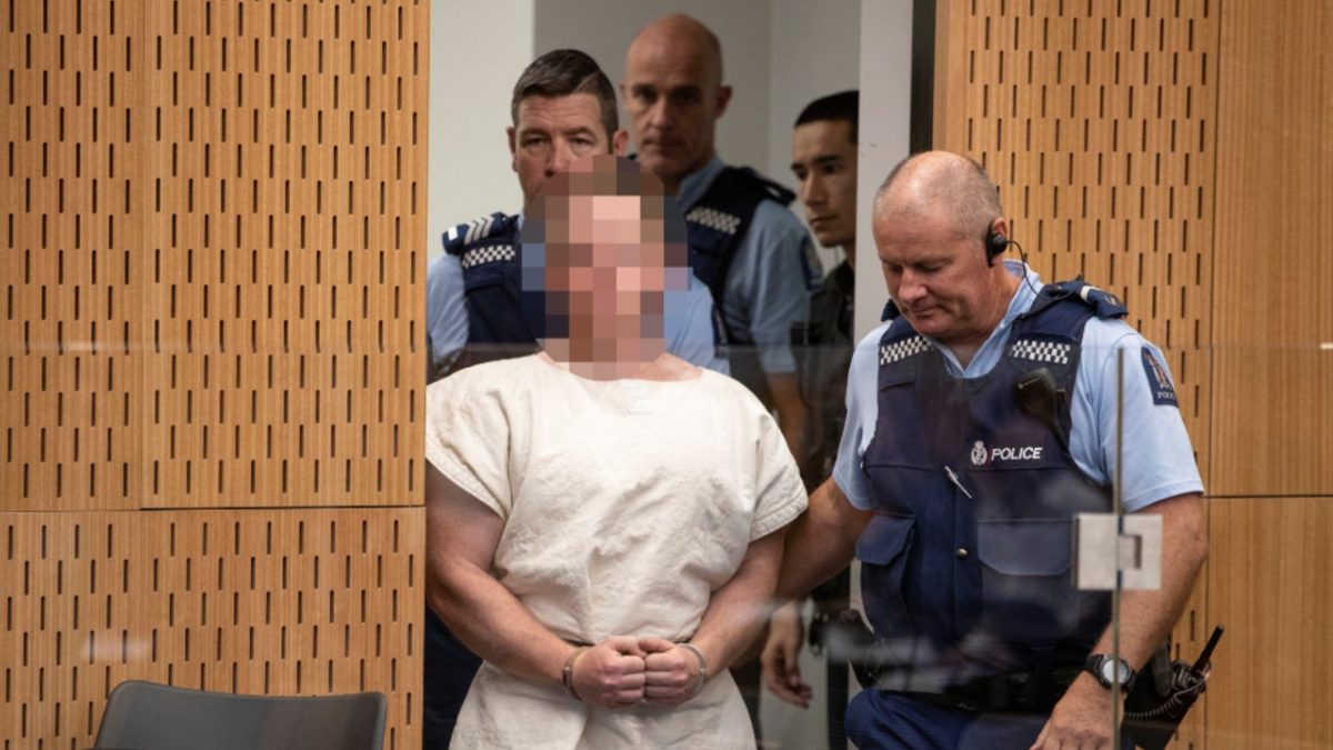 Brenton Tarrant, charged for murder in relation to the mosque attacks, is lead into the dock for his appearance