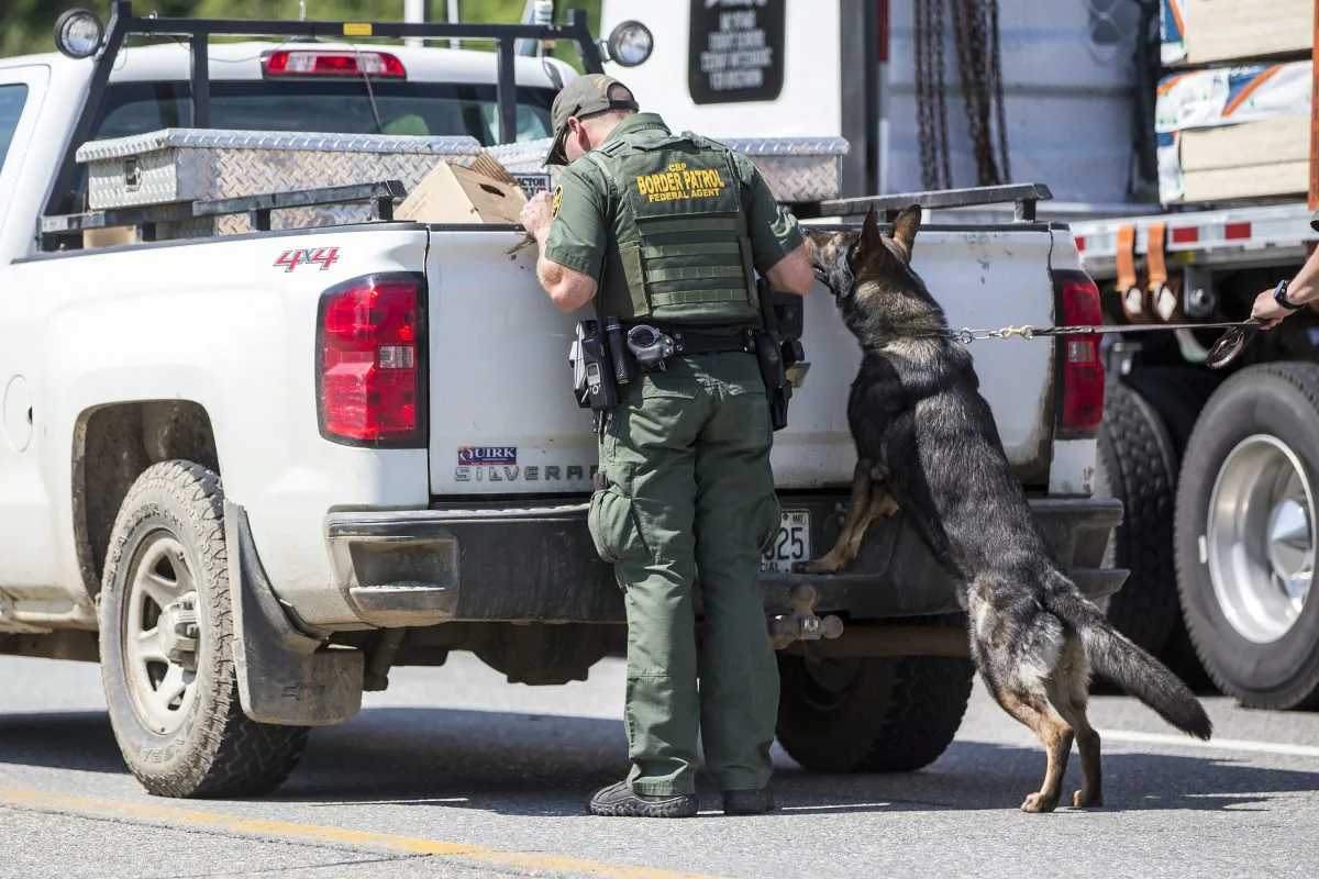 U.S. Border Patrol agents search a vehicle that was sent to secondary inspection at a highway checkpoint in West Enfield, Maine on Aug. 1, 2018 . (Scott Eisen/Getty Images)