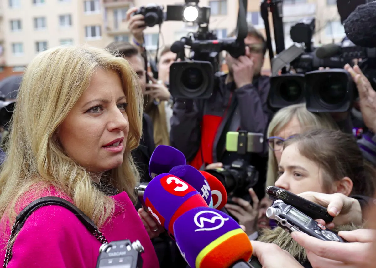 Slovakia's presidential candidate Zuzana Caputova speaks after casting her vote during the country's presidential elections at a polling station in Pezinok, Slovakia, on March 16, 2019. (David W Cerny/Reuters)
