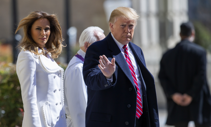 President Donald J. Trump (R) and first lady Melania Trump (L) depart after attending services at St. John's Episcopal Church March 17, 2019 in Washington, DC. (Eric Lesser/Getty Images)