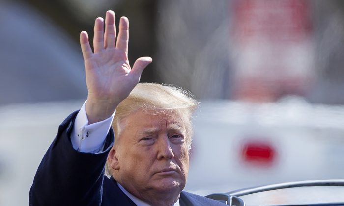 President Donald Trump gestures as he departs after attending services at St. John's Episcopal Church in Washington, on March 17, 2019. (Eric Lesser/Getty Images)