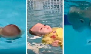 Baby Shocks Adults When She's Able to Swim on Her Own